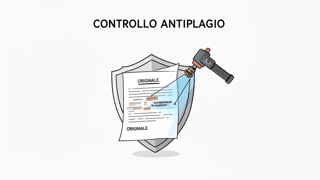 Illustrazione di un controllo antiplagio: uno scudo protegge un documento originale mentre una luce ne verifica l'autenticità.