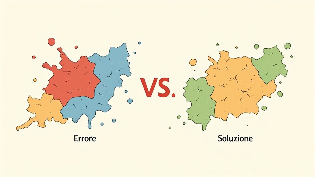Confronto visivo tra una rappresentazione di errore e una di soluzione, usando macchie di colore astratte.