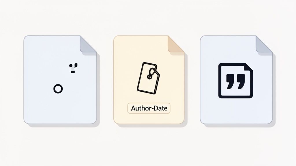 Tre icone di documenti mostrano diversi simboli di citazione: un cerchio e punteggiatura, un'etichetta 'Author-Date' e virgolette.