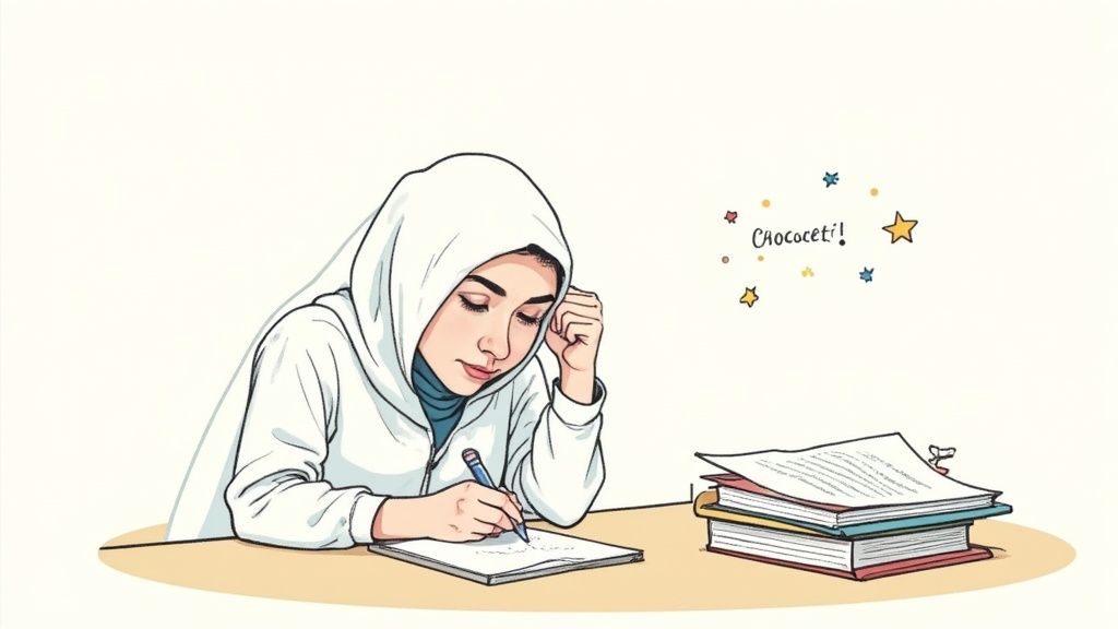 Studente universitario che lavora alla scrivania con libri e laptop, concentrato sulla scrittura della tesi.