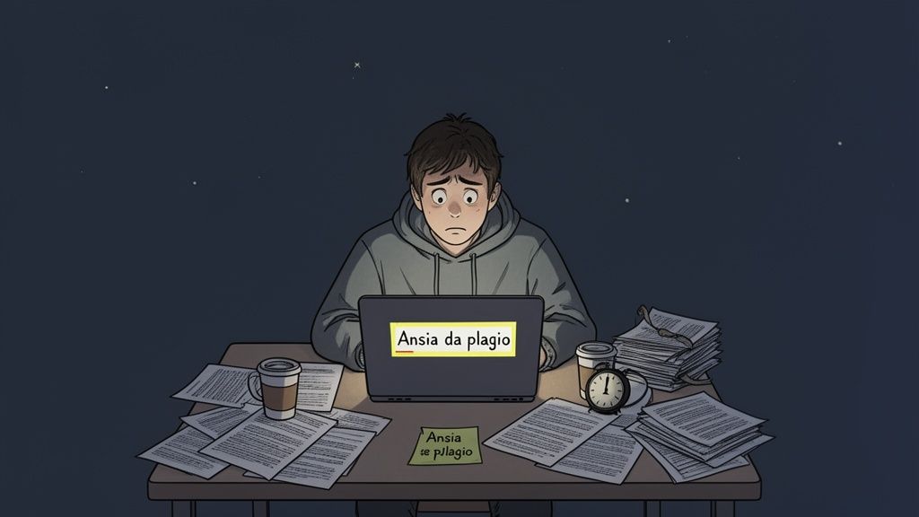 Una persona ansiosa lavora al computer di notte, circondata da scartoffie, preoccupata per il plagio.