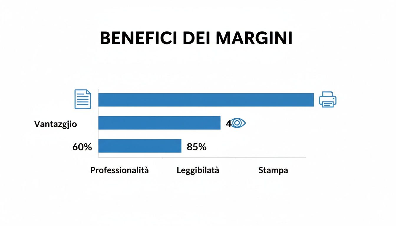 Grafico a barre che illustra i benefici dei margini, evidenziando professionalità, leggibilità e stampa con percentuali.