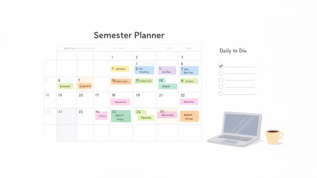 Un planner semestrale con calendario di studio, eventi evidenziati, lista delle cose da fare, un laptop e una tazza di caffè.
