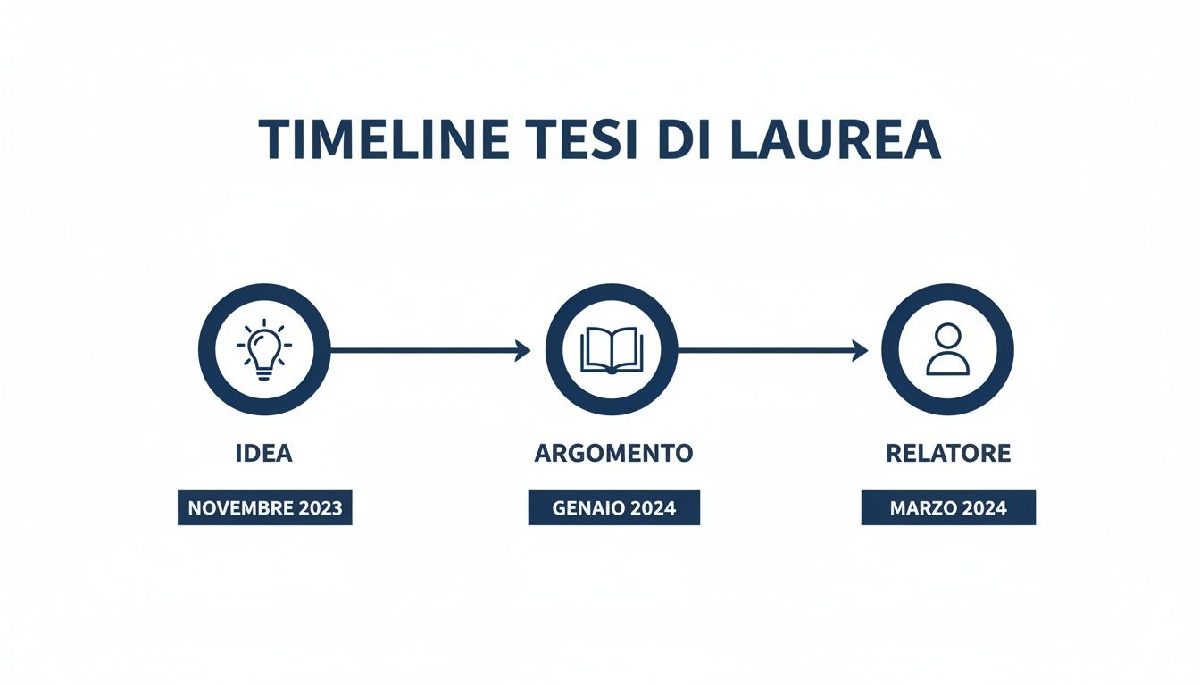 Una timeline che illustra le fasi principali per la tesi di laurea: idea, argomento e scelta del relatore, con le relative date.