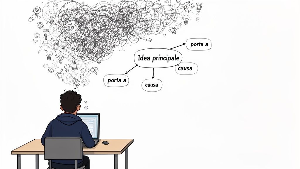 Un individuo al laptop con pensieri confusi che si organizzano in una mappa concettuale con "Idea principale", "porta a" e "causa".