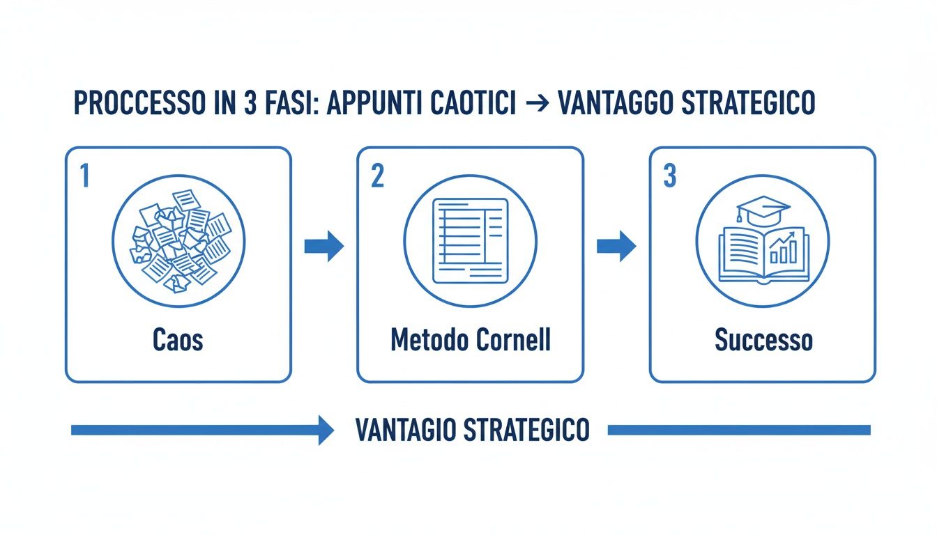 Schema che illustra un processo a 3 fasi: da appunti caotici al vantaggio strategico tramite il Metodo Cornell.