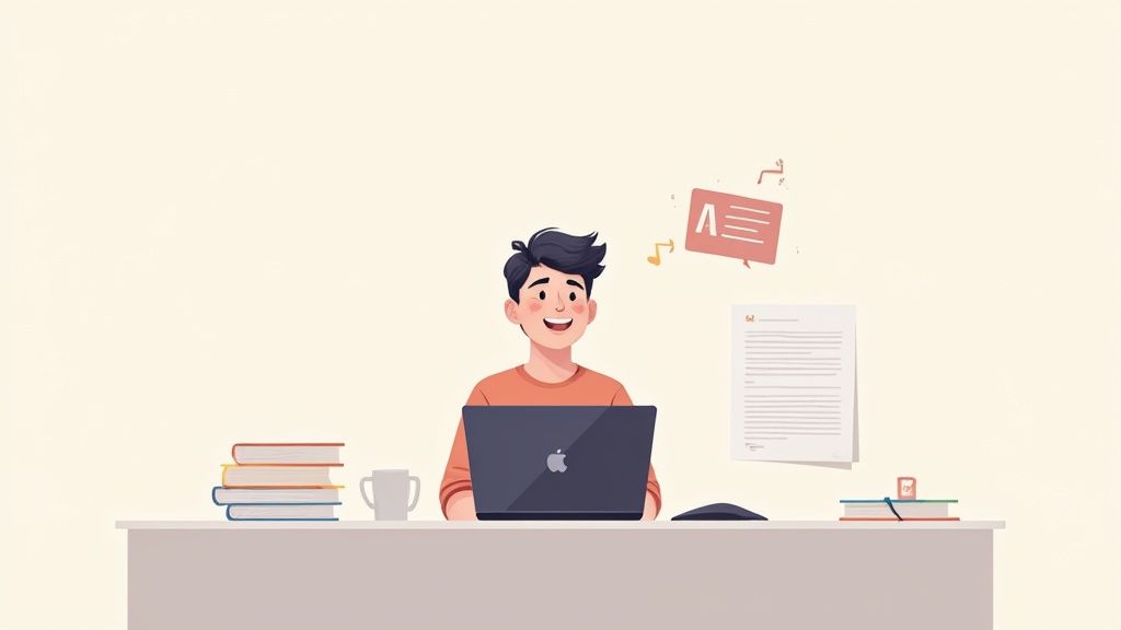 Un giovane sorridente lavora al laptop su una scrivania con libri, tazza e documenti, simboleggiando studio o produttività.
