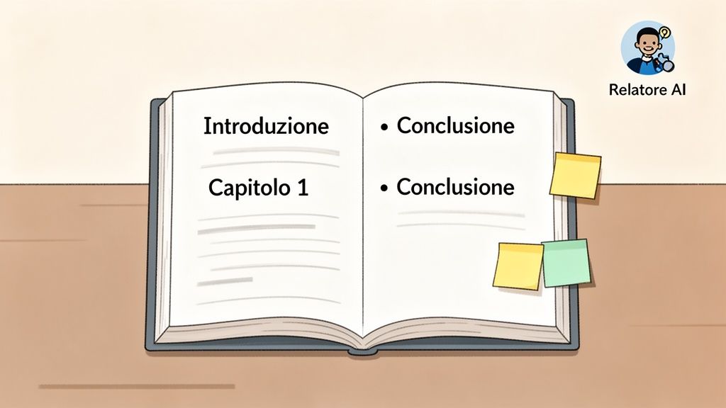 Un libro aperto mostra le sezioni Introduzione, Capitolo 1 e Conclusione, con post-it colorati e il logo Relatore AI.