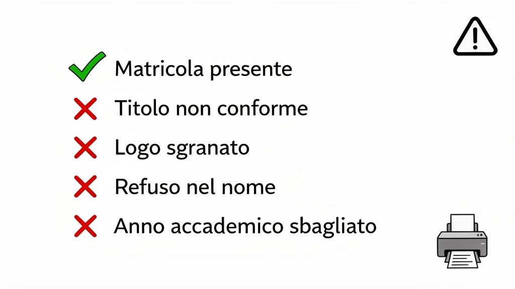 Elenco di requisiti di un documento con matricola presente, ma con errori nel titolo, logo, nome e anno accademico, con icone di avviso e stampante.