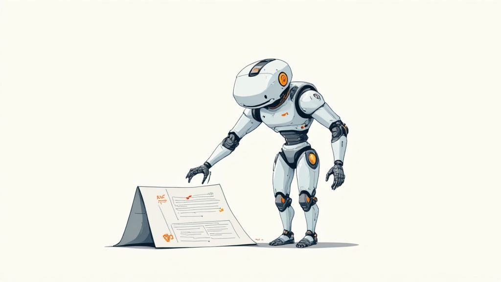 Robot bianco con dettagli arancioni che studia un documento piegato su sfondo chiaro.