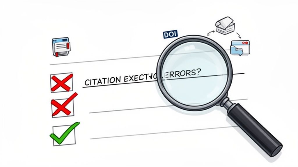 Lente d'ingrandimento che verifica errori di citazione su una lista di controllo con crocette e spunta verde.