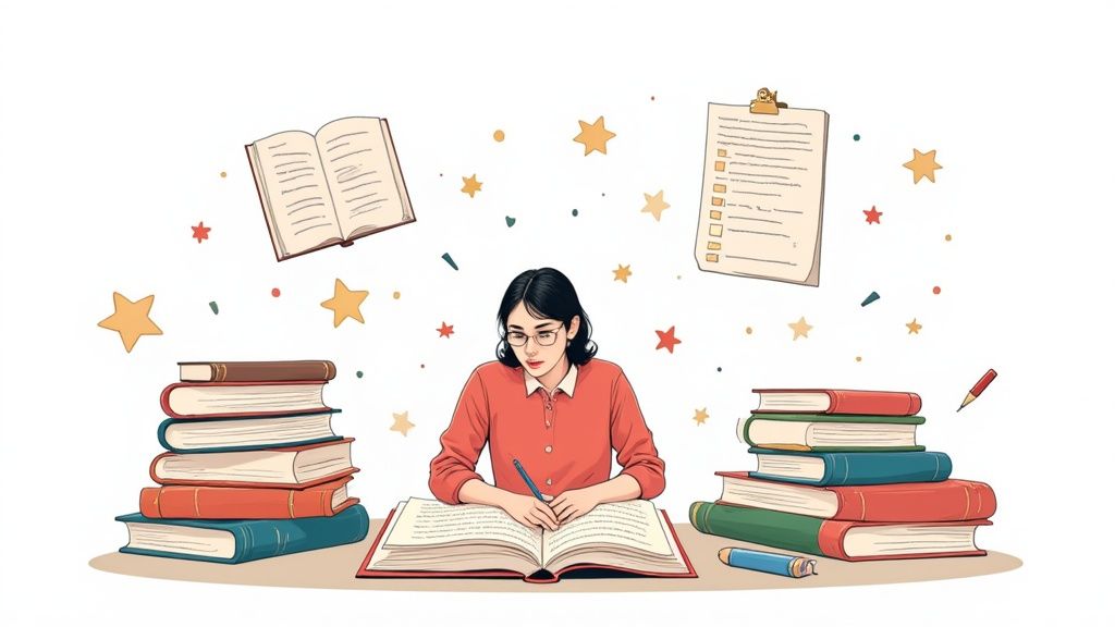 Una persona scrive appunti su un quaderno con un computer portatile e dei libri su un tavolo, a simboleggiare la ricerca per la bibliografia della tesi.