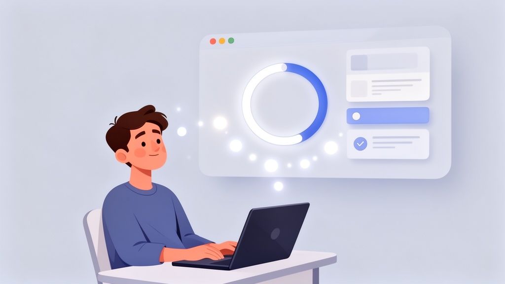 Un ragazzo sorridente lavora al laptop, visualizzando un'interfaccia di progresso con elementi UI e luci.