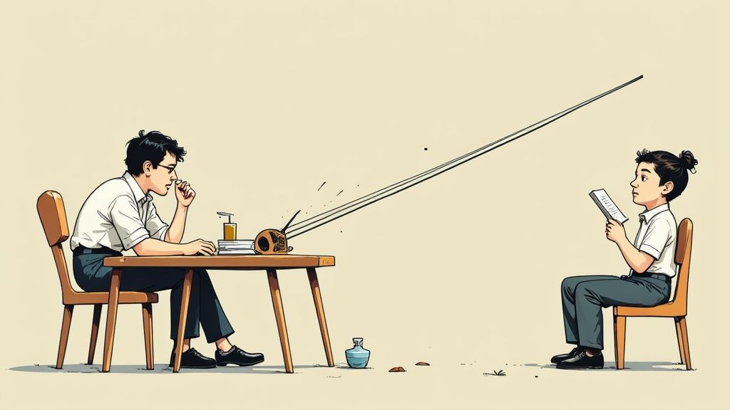 Due studenti seduti a distanza comunicano con un telefono fatto di filo e barattoli