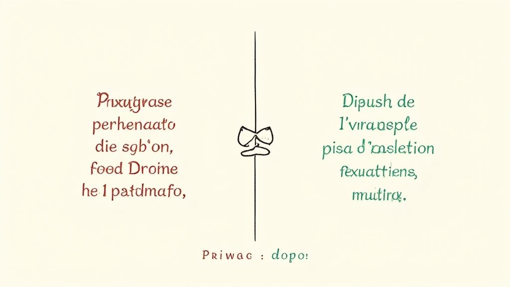 Testo diviso in due colonne (rosso e verde) separate da una linea verticale con un simbolo centrale, e una didascalia sotto.