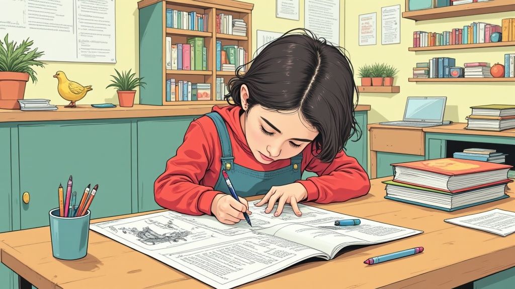Una scrivania ordinata con un laptop aperto su un documento, libri impilati e appunti che mostrano la pianificazione dei capitoli della tesi