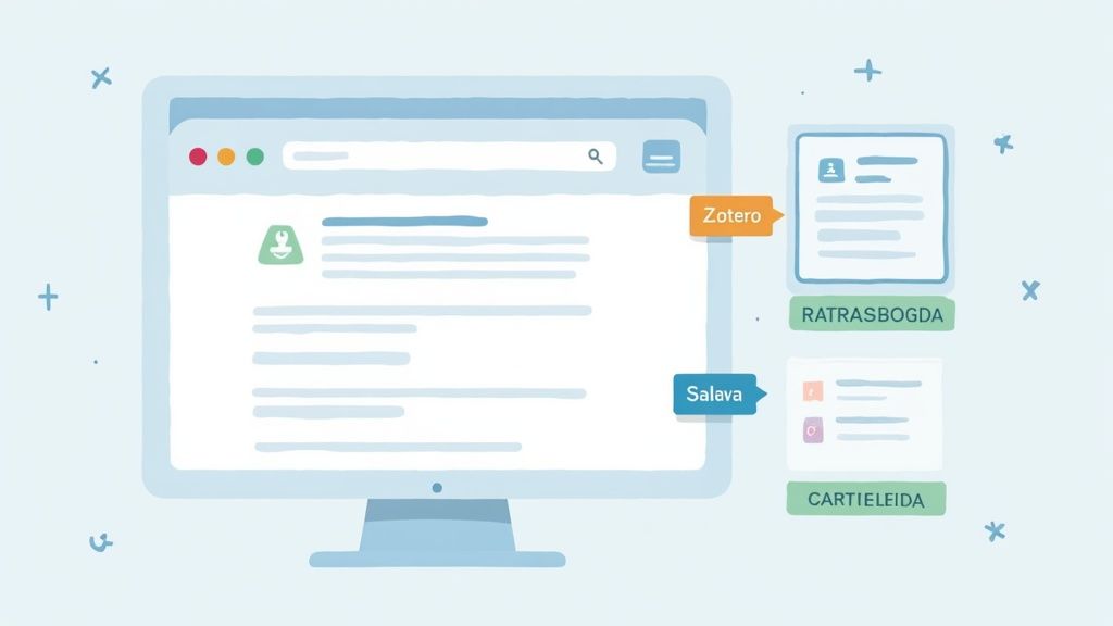 Un monitor di computer mostra un browser web con riferimenti bibliografici e schede di documenti organizzate da Zotero e Salava.