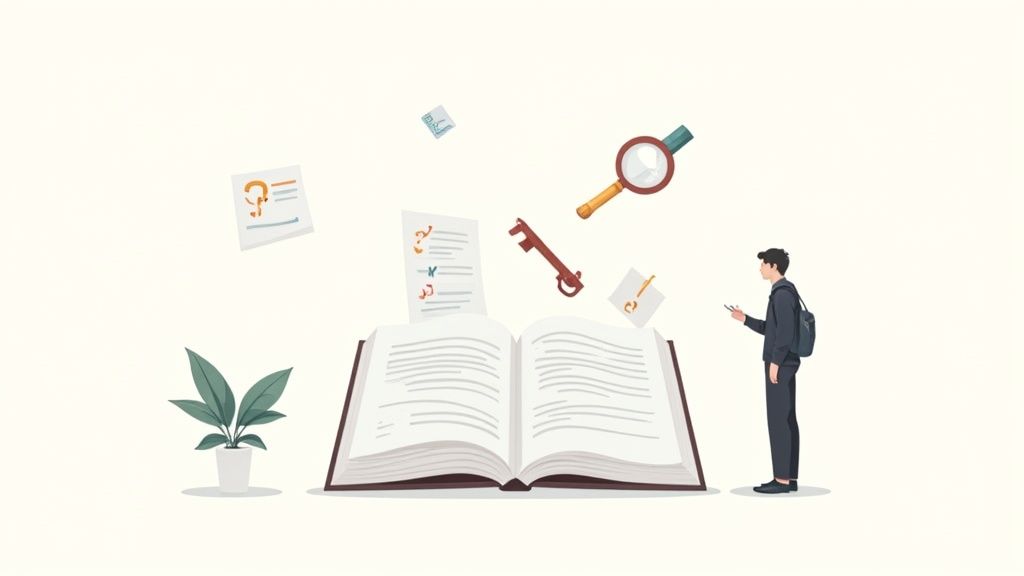 Una persona scrive appunti su un libro aperto con una tazza di caffè accanto.