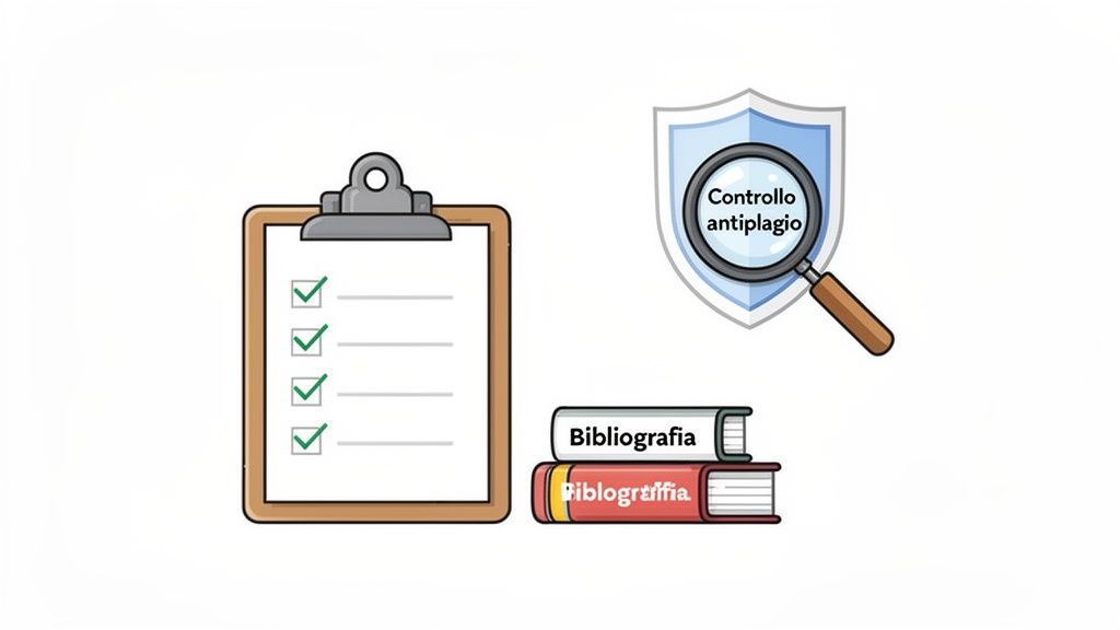 Illustrazione di una lista di controllo, un'icona di controllo antiplagio con lente d'ingrandimento e una pila di libri di bibliografia.