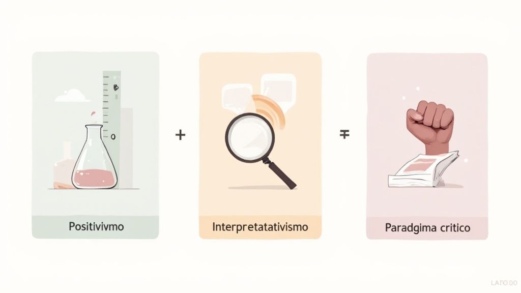 Illustrazione concettuale che mostra Positivismo più Interpretativismo uguale Paradigma critico, con simboli scientifici e sociali.
