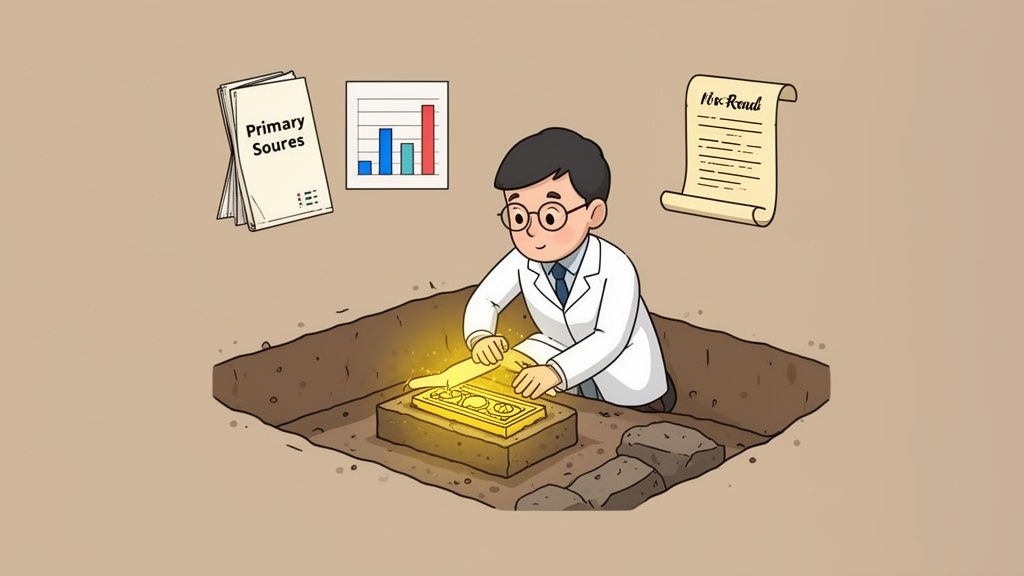 Un ricercatore in camice bianco dissotterra lingotti d'oro, circondato da documenti "Fonti Primarie", un grafico a barre e una pergamena "Mis-Read".