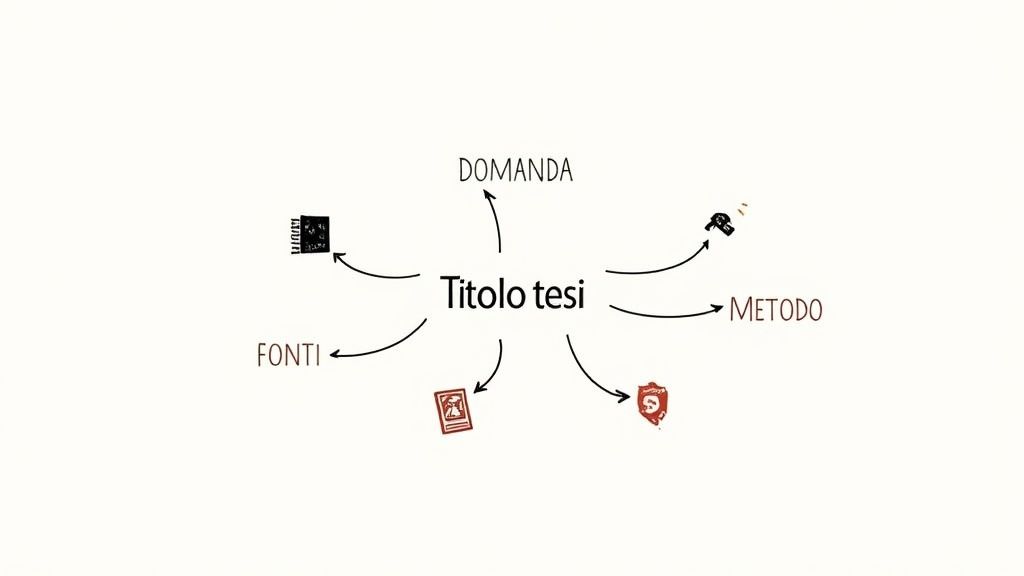 Mappa mentale che illustra il processo di scrittura di una tesi, con rami per domanda, metodo e fonti.