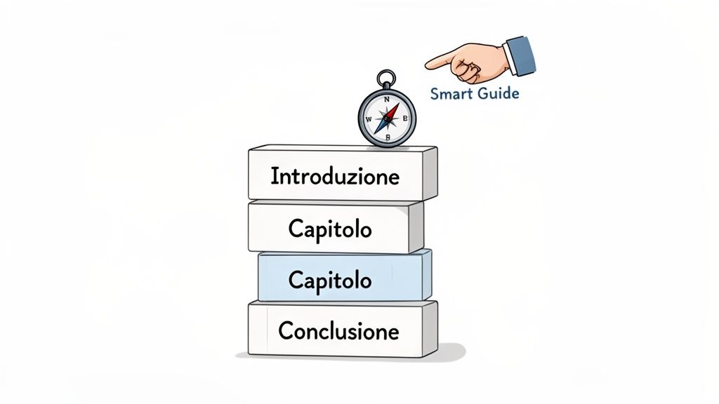Illustrazione di una guida intelligente con una bussola e blocchi testuali per introduzione, capitoli e conclusione.