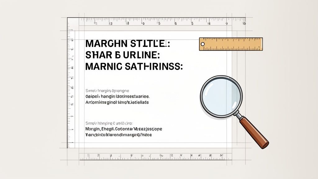 Un layout di pagina con margini, righelli e testo finto, con una lente d'ingrandimento e un righello di legno.