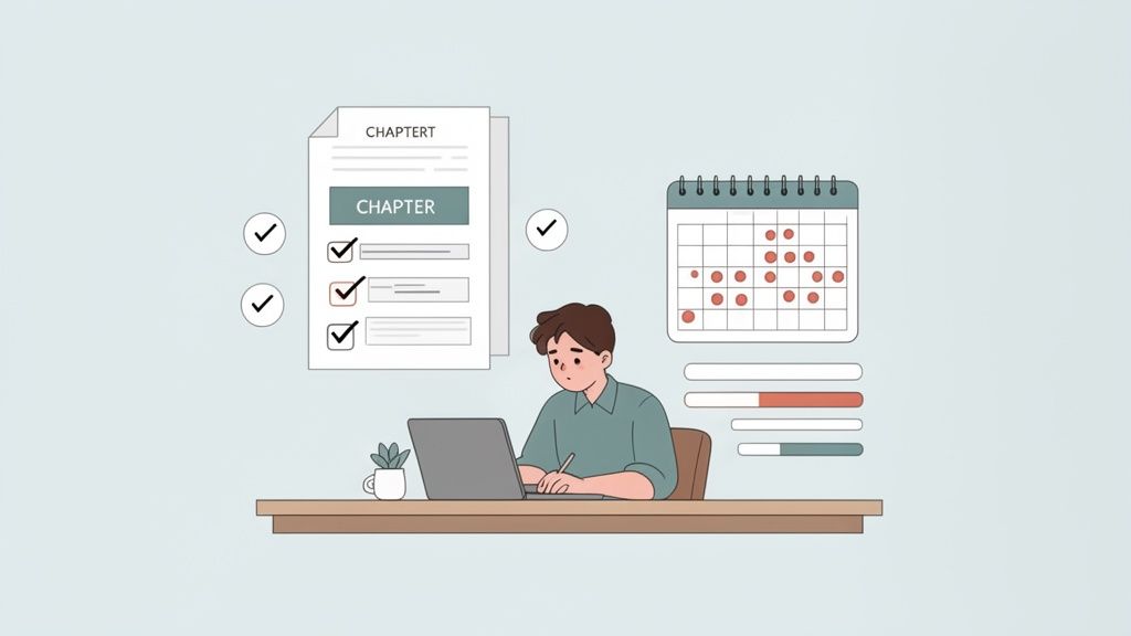 Illustrazione di uno studente che lavora al laptop con checklist, calendario e barre di progresso per la gestione dello studio.