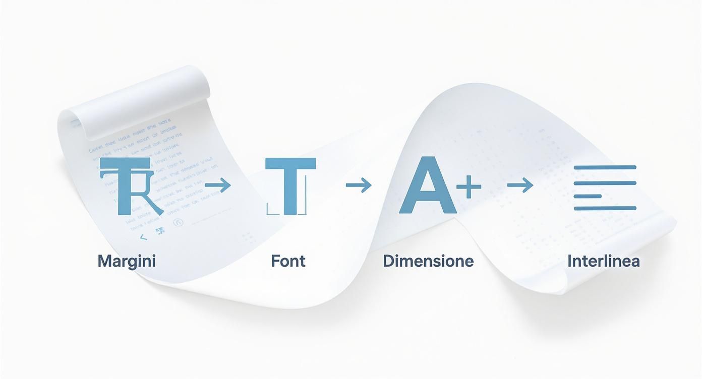 Infografica che mostra un processo in 4 passi per impaginare una tesina: Margini, Font, Dimensione, e Interlinea.