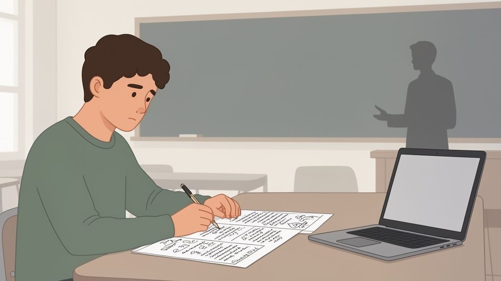 Uno studente prende appunti diligentemente su fogli strutturati, con un laptop e la silhouette di un insegnante in un'aula.