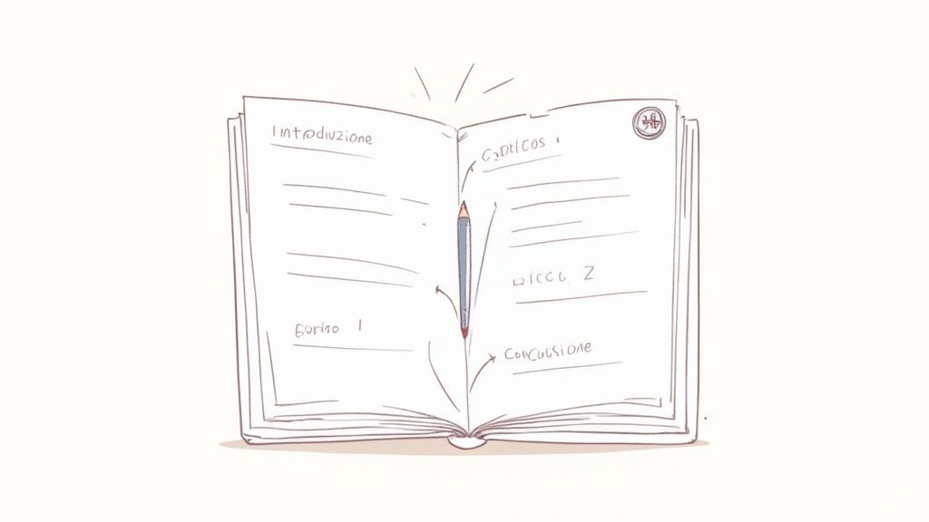 Un libro aperto con una matita come segnalibro, che illustra una struttura di tesi.