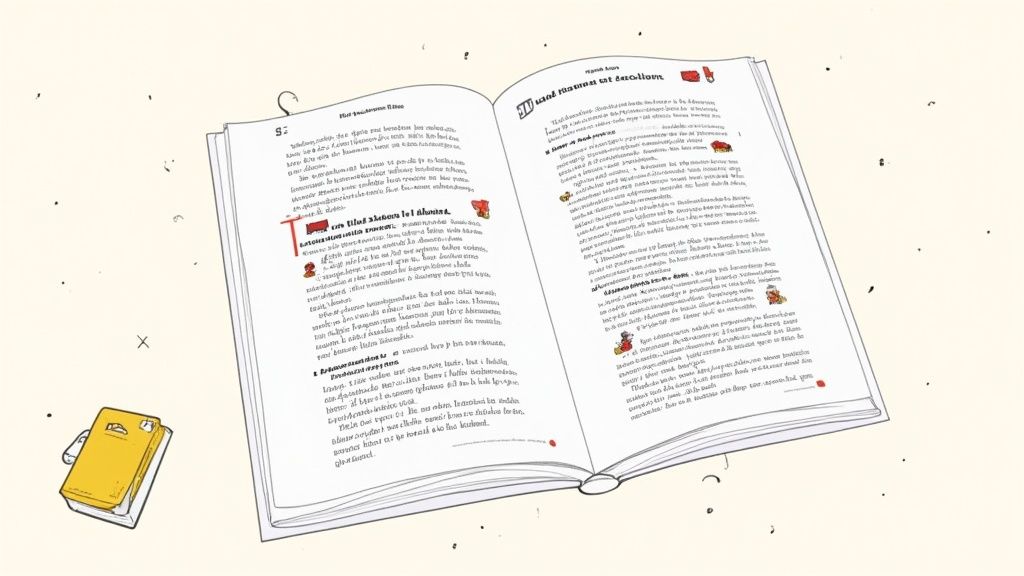 Una scrivania universitaria con un libro di norme redazionali aperto accanto a un laptop.