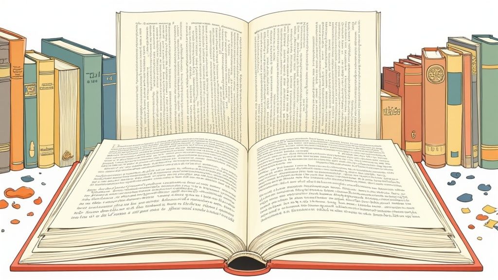 Una scrivania ordinata con un laptop aperto su un software di gestione bibliografica, circondato da libri e appunti, simbolo di un lavoro di tesi organizzato.