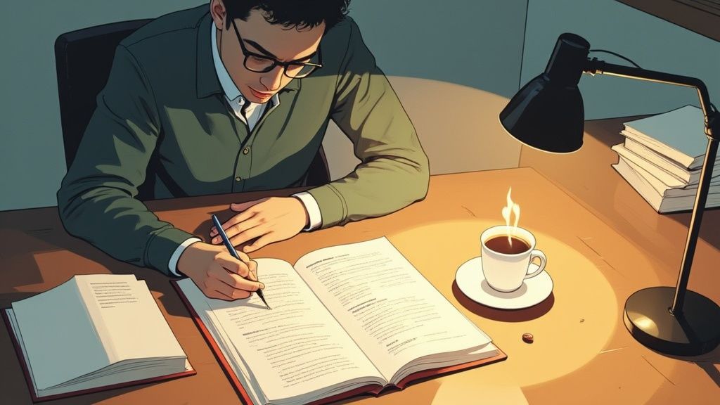 Studente concentrato che scrive la conclusione della tesi con libri, lampada e caffè sulla scrivania