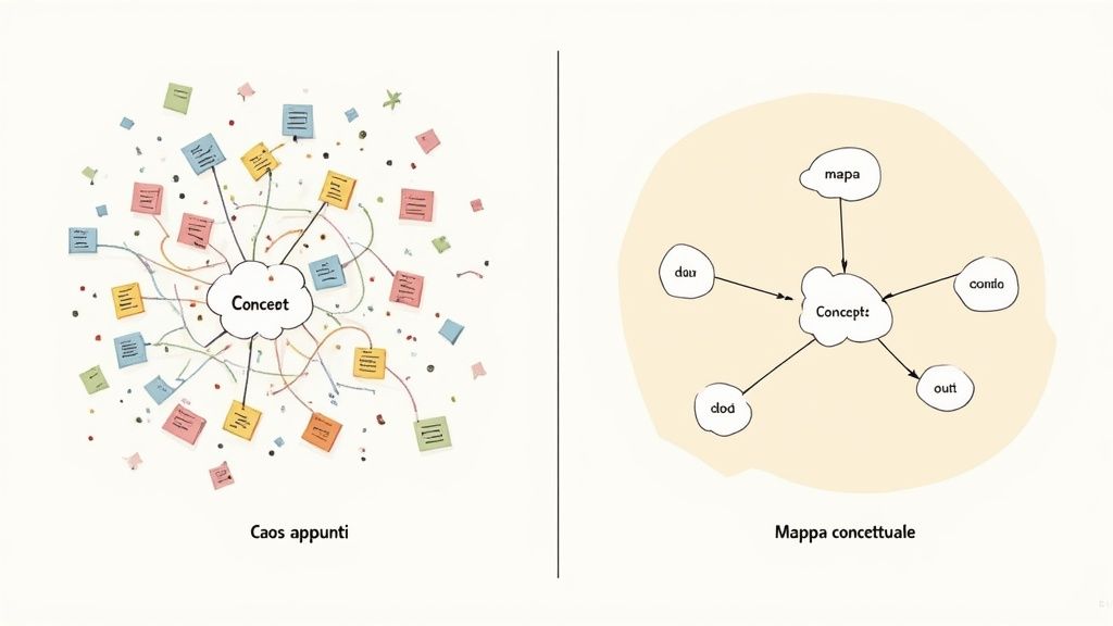 L'immagine confronta l'organizzazione caotica degli appunti con una mappa concettuale strutturata attorno a un'idea centrale.