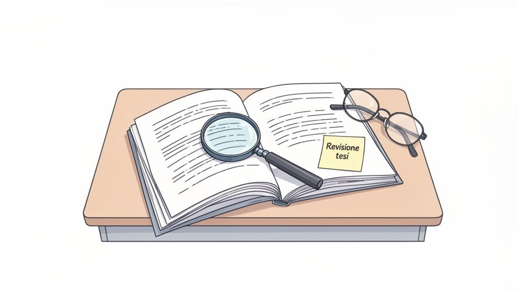 Libro aperto su un tavolo con lente d'ingrandimento, occhiali e un post-it con scritto 'Revisione tesi'.