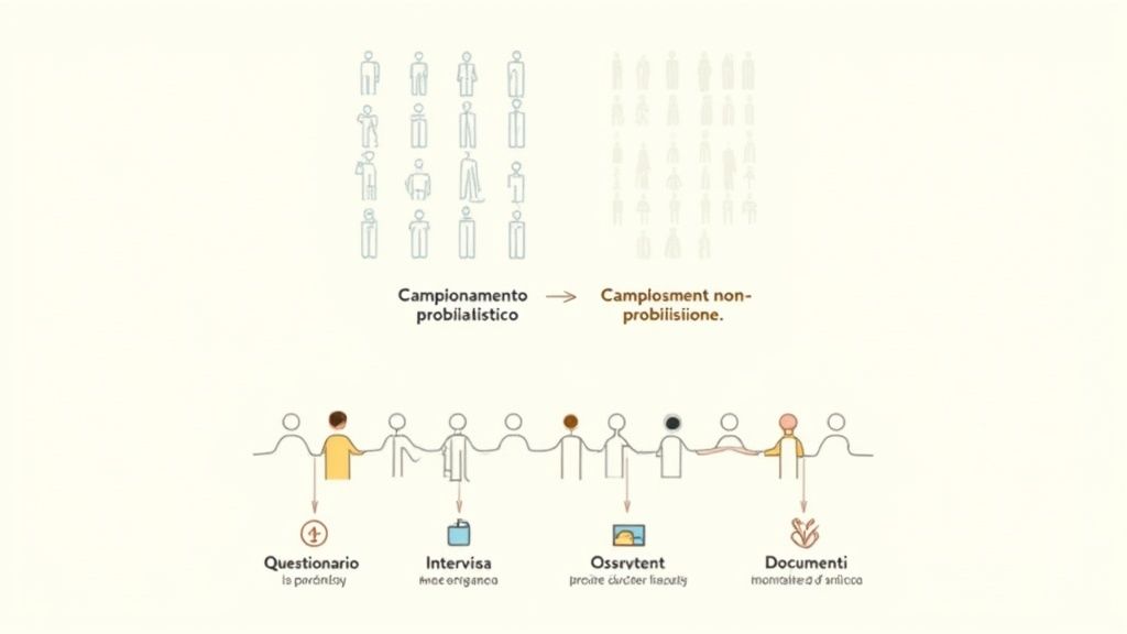 Diagramma che illustra il campionamento probabilistico e non probabilistico, e quattro metodi di raccolta dati per la ricerca sociale.