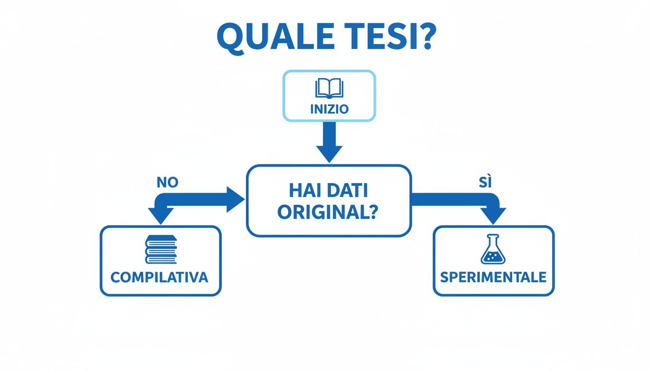 Diagramma di flusso che spiega come scegliere tra tesi compilativa ed sperimentale in base ai dati.
