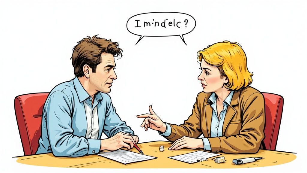 Un professore e uno studente discutono costruttivamente un progetto di tesi in uno studio accademico.