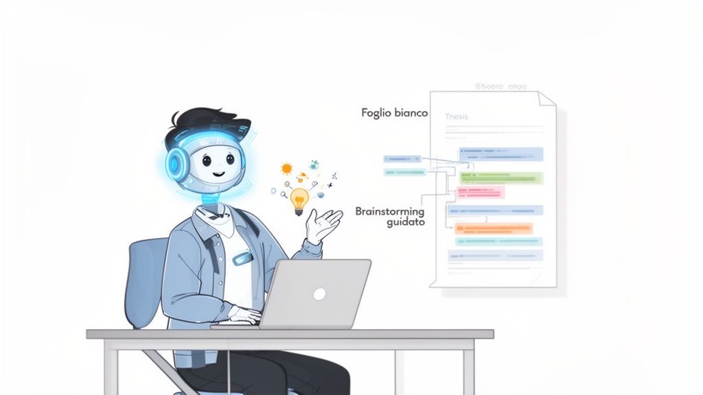 Un robot amichevole usa un laptop per aiutare a scrivere una tesi, con brainstorming guidato e idee brillanti.