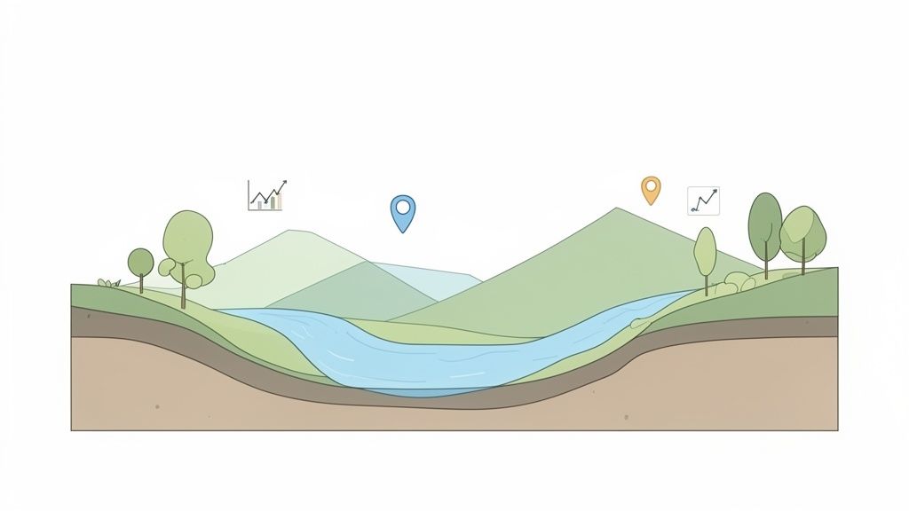 Sezione trasversale di un paesaggio naturale con fiume, montagne e alberi, arricchita da icone di dati.