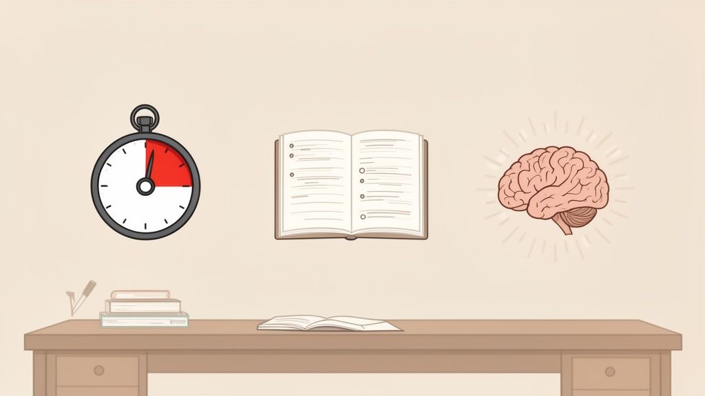 Un cronometro, un quaderno aperto e un cervello luminoso su una scrivania con libri, simboleggiando studio e apprendimento.