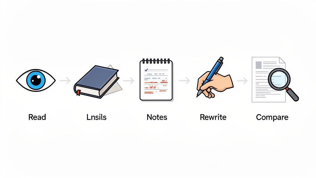 Illustrazione che mostra il processo di parafrasi di un testo: leggere, analizzare, prendere appunti, riscrivere e confrontare.