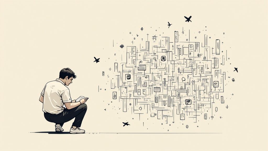 Una persona accovacciata, che esamina un documento accanto a una complessa mappa concettuale con simboli e uccelli.