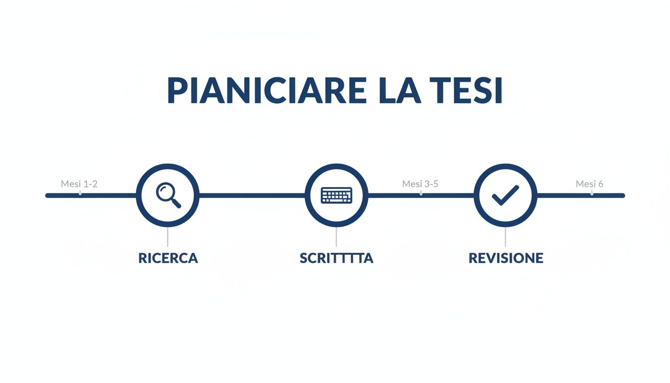 Cronologia visuale che illustra le fasi di pianificazione di una tesi: ricerca, scrittura e revisione, con tempistiche.
