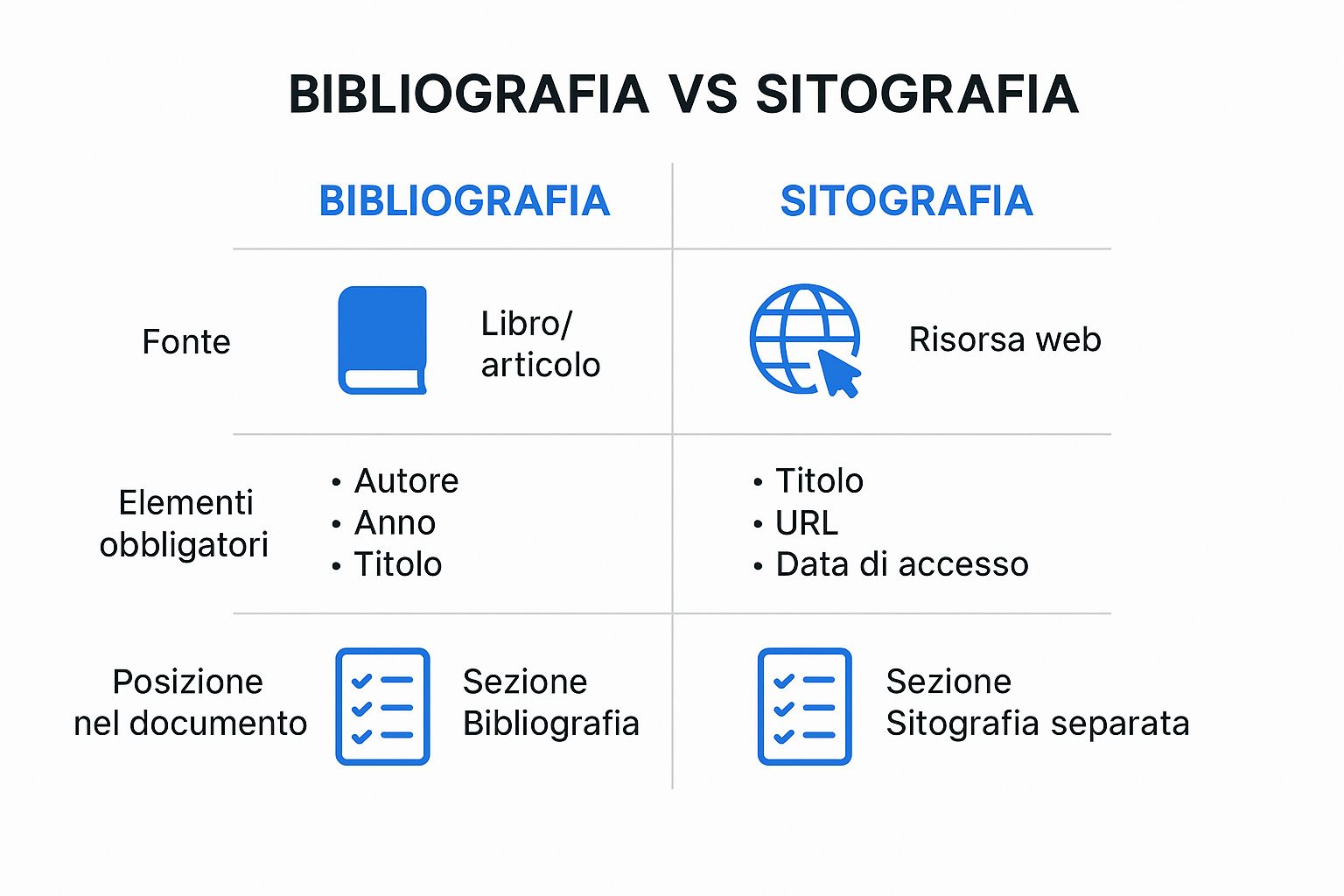 Infografica che confronta Bibliografia e Sitografia, mostrando le differenze in termini di tipo di fonte, elementi obbligatori e posizione nel documento.