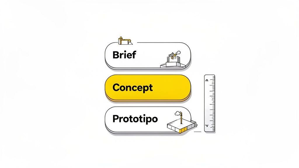 Un diagramma di flusso verticale che mostra tre fasi di un processo: Brief, Concept e Prototipo. La fase Concept è evidenziata in giallo.