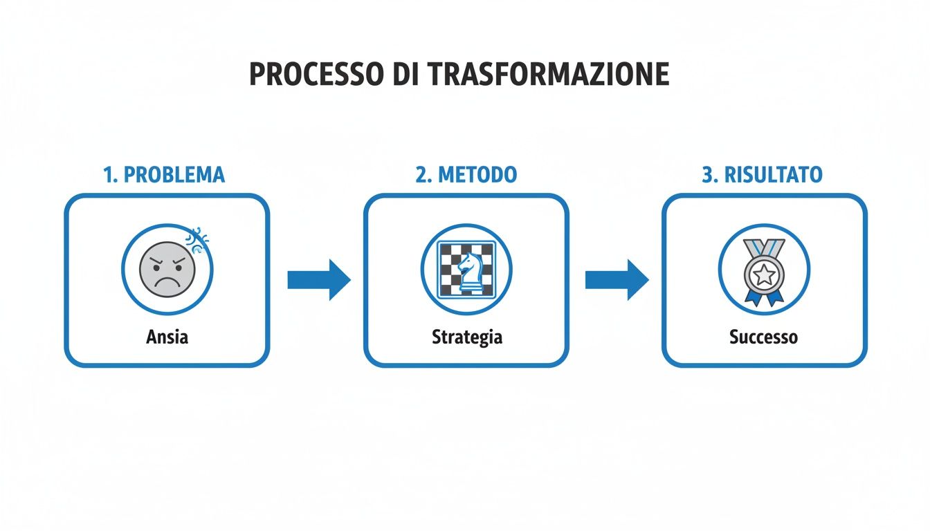 Diagramma che illustra il processo di trasformazione da problema (ansia) a soluzione (strategia) fino al risultato (successo).