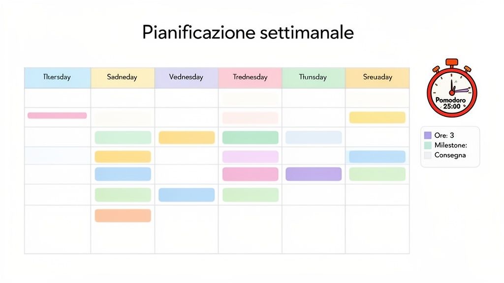 Calendario di pianificazione settimanale con giorni della settimana, attività colorate, timer Pomodoro e leggenda.